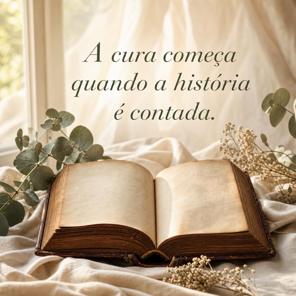 Livro aberto com a frase: A cura começa quando a história é contada